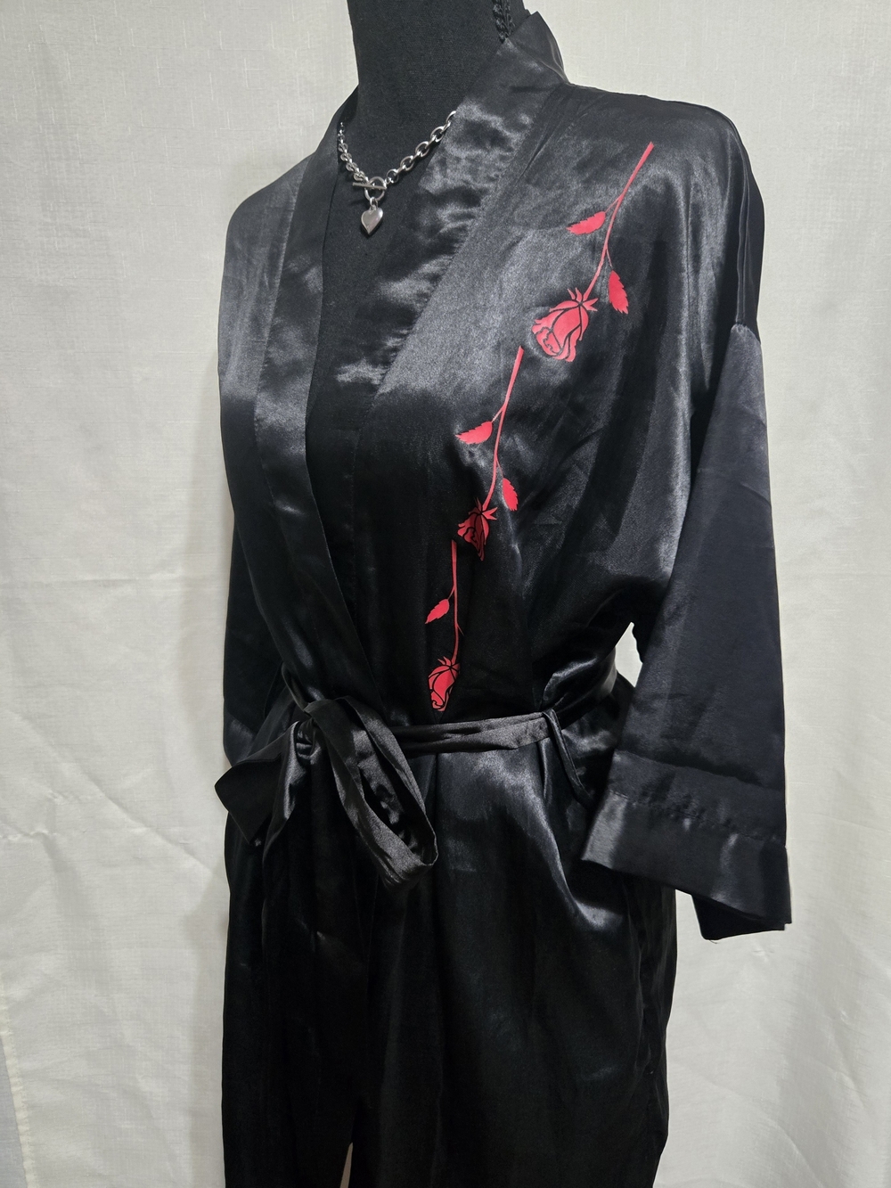 Spooky Girl Black Satin Robe with Red Rose Embroidery